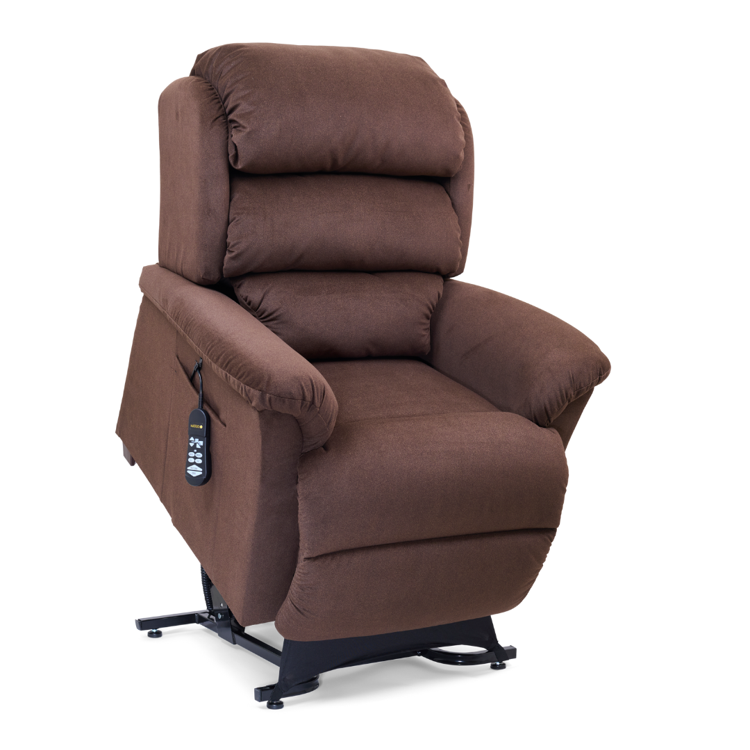 The Golden Tech PR766 Relaxer MaxiComfort Recliner With Lift Assist - Small, in brown with plush padding and an attached programmable AutoDrive Hand Control, is showcased against a white background, revealing its metal supports for comfort and modern functionality.
